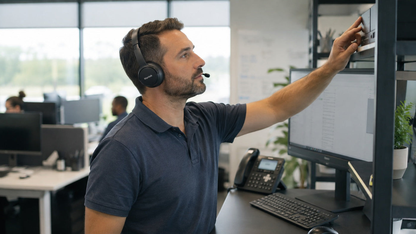 Call center agent using a Wantek wireless headset while moving away from the workstation during a call