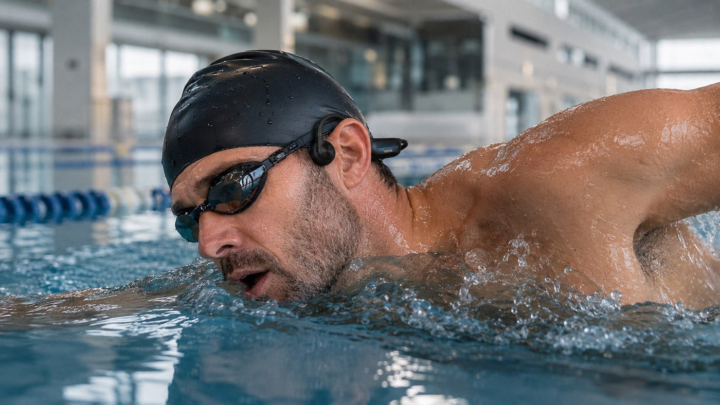 Swimmer wearing Wantek bone conduction headphones during lap swimming