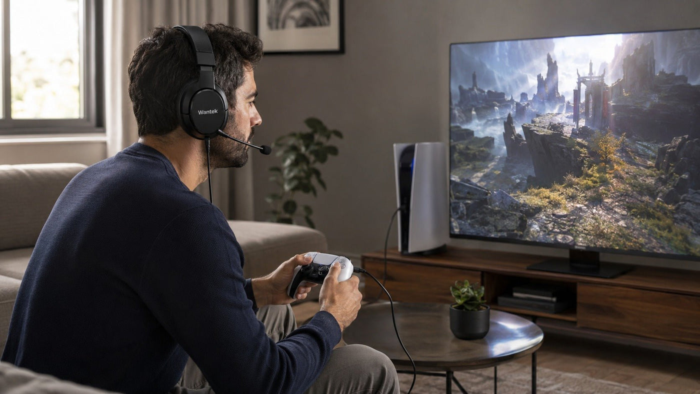 Gamer wearing a Wantek wired headset connected to a PS5 DualSense controller