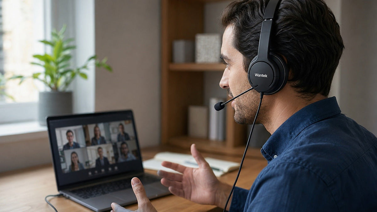 Wantek wired headset with boom mic used for a professional Zoom meeting at a laptop