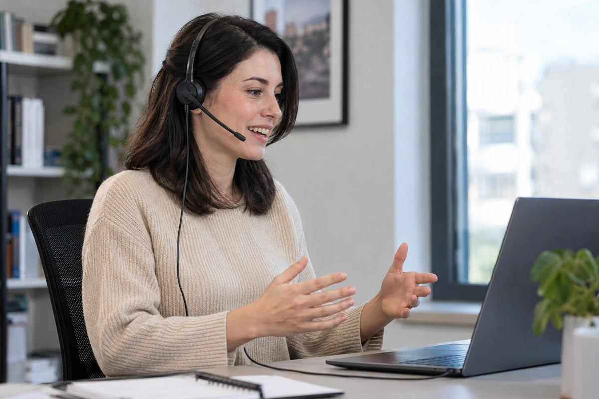 Wired computer headset with boom microphone used for an office call at a fixed workstation