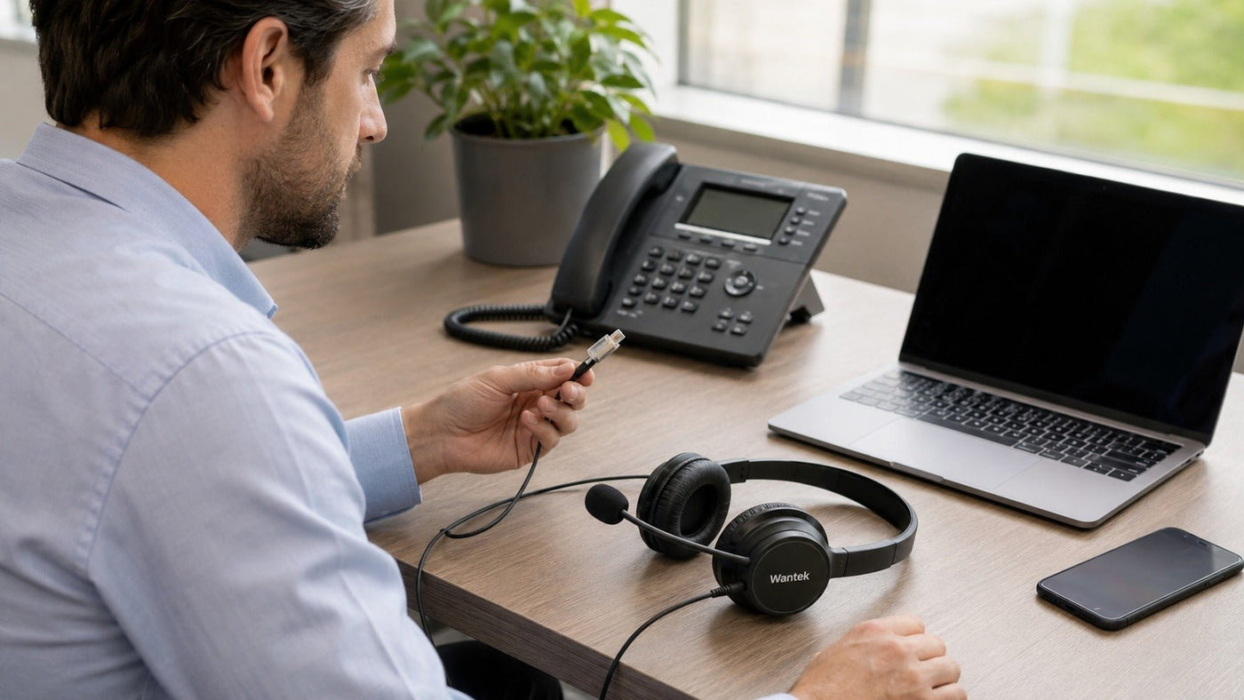 Professional comparing a Wantek office phone headset with desk phone, laptop and smartphone connections