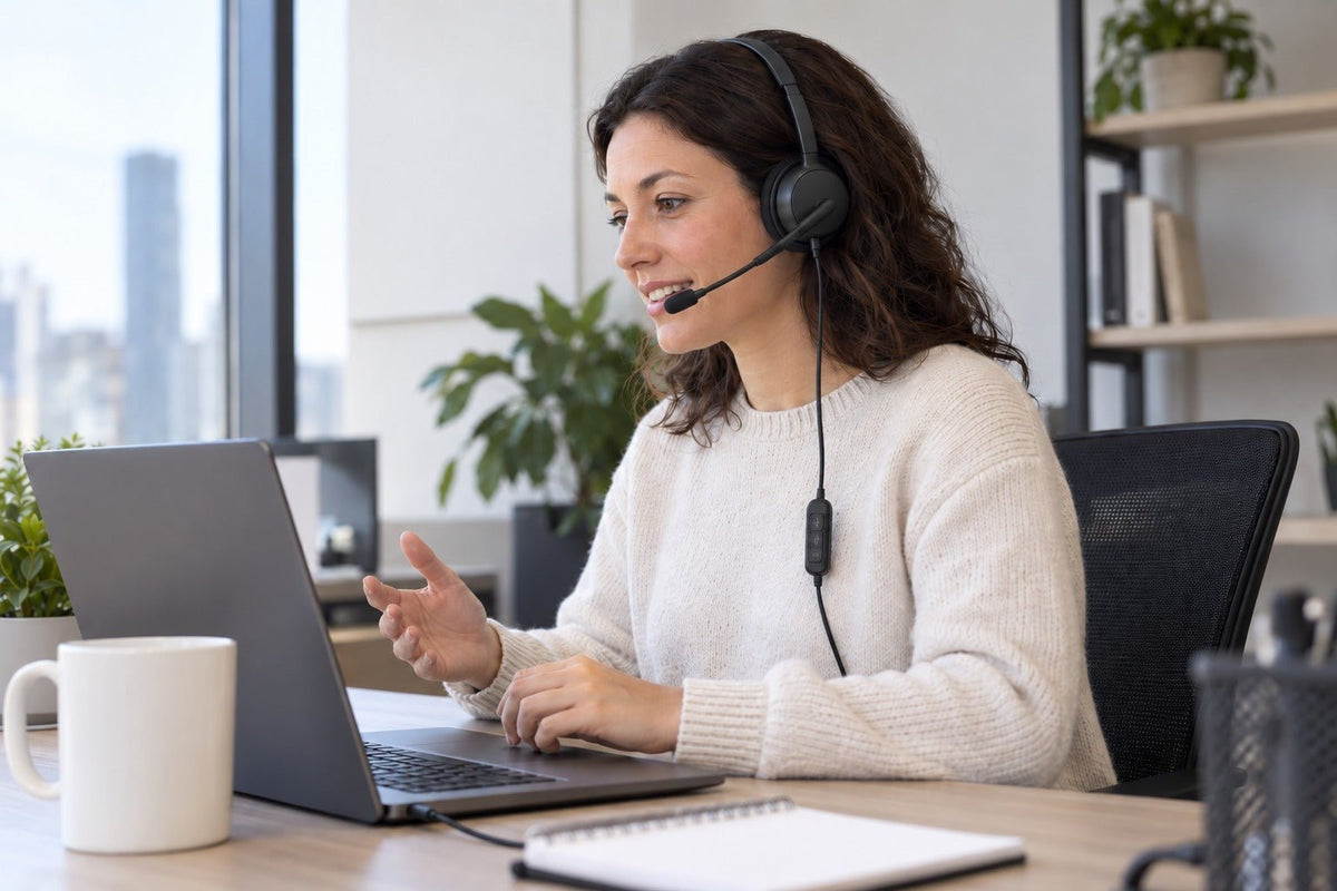 Wantek H882 wired PC headset with boom mic and inline controls during a laptop call
