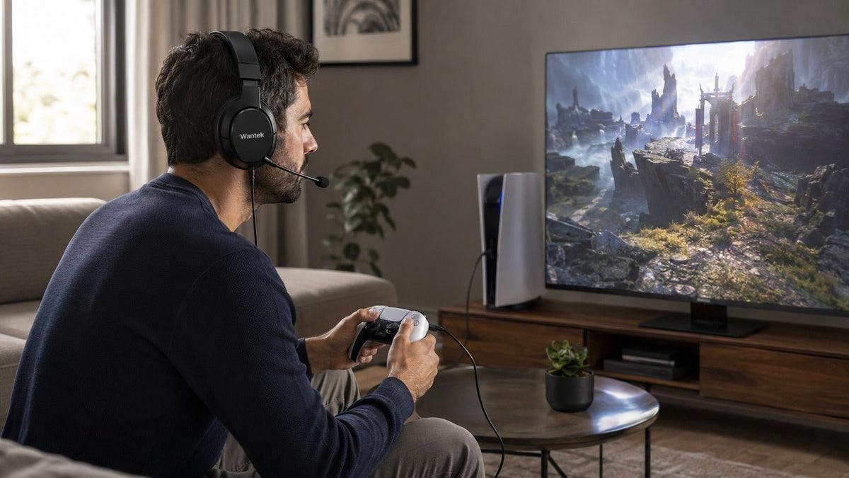Gamer wearing a Wantek wired headset connected to a PS5 DualSense controller