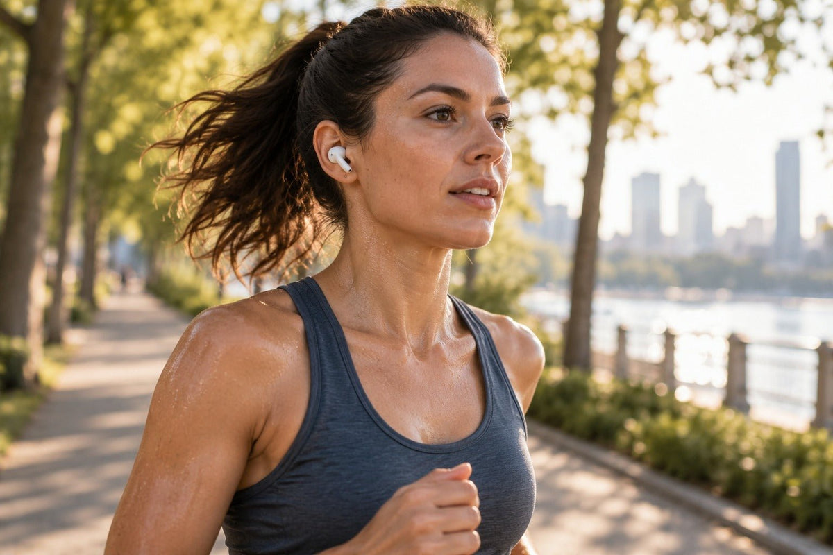 Woman jogging on a waterfront path wearing secure-fit wireless earbuds