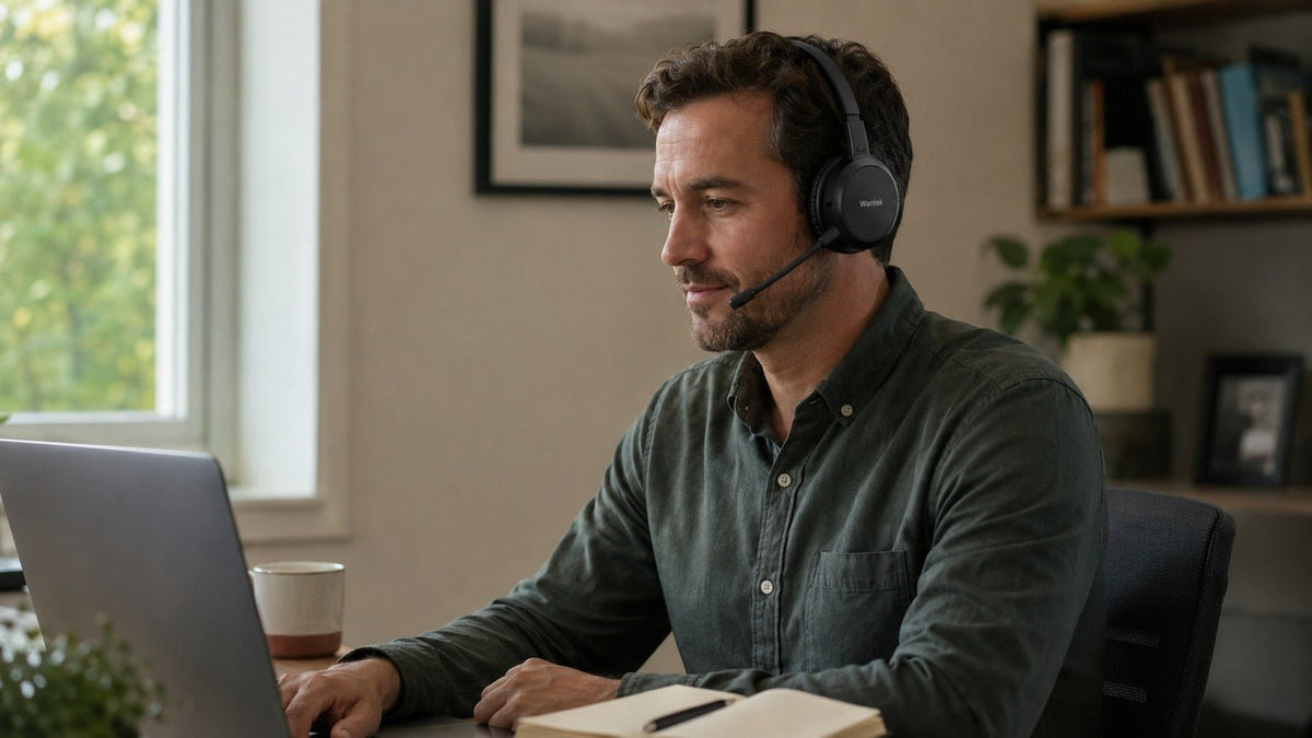 Professional using a Wantek dual-ear wireless headset with boom mic during a remote-work laptop call