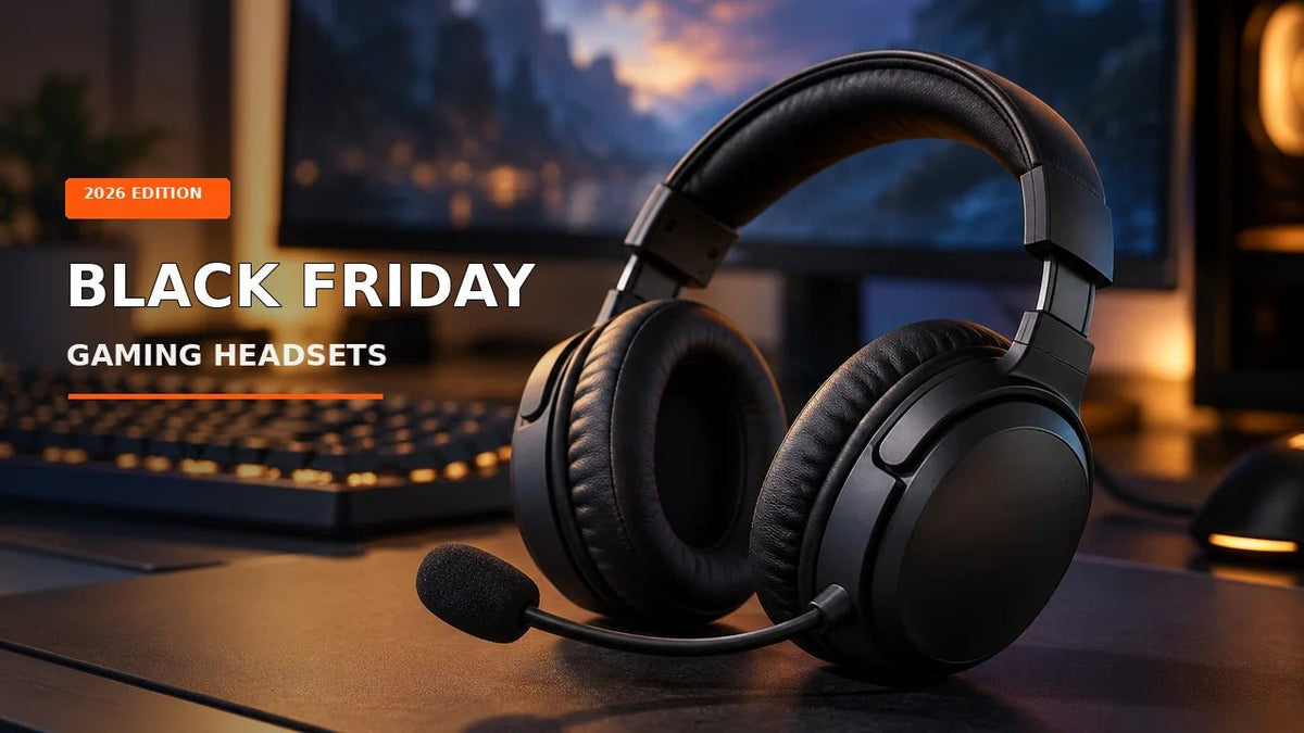 Black gaming headset with boom mic on a gaming desk beneath Black Friday title text
