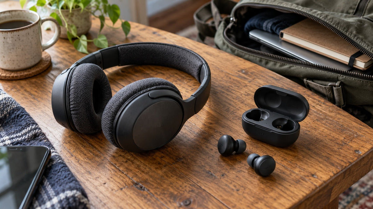 Over-ear headphones beside wireless earbuds and an open charging case on a wooden table, with a partly open bag nearby