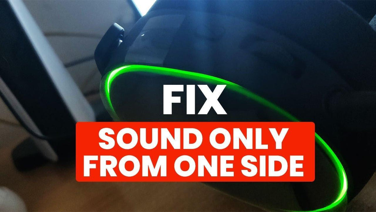 Over-ear headphones in a one-sided sound troubleshooting graphic.