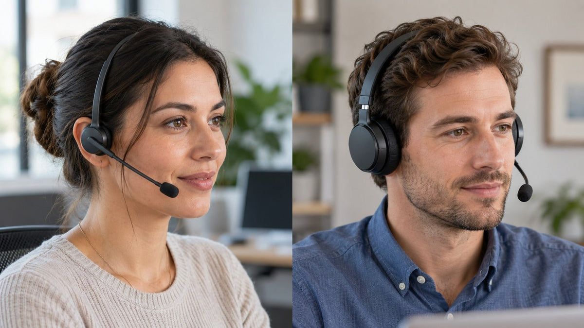Single-ear and dual-ear wireless work headsets compared side by side