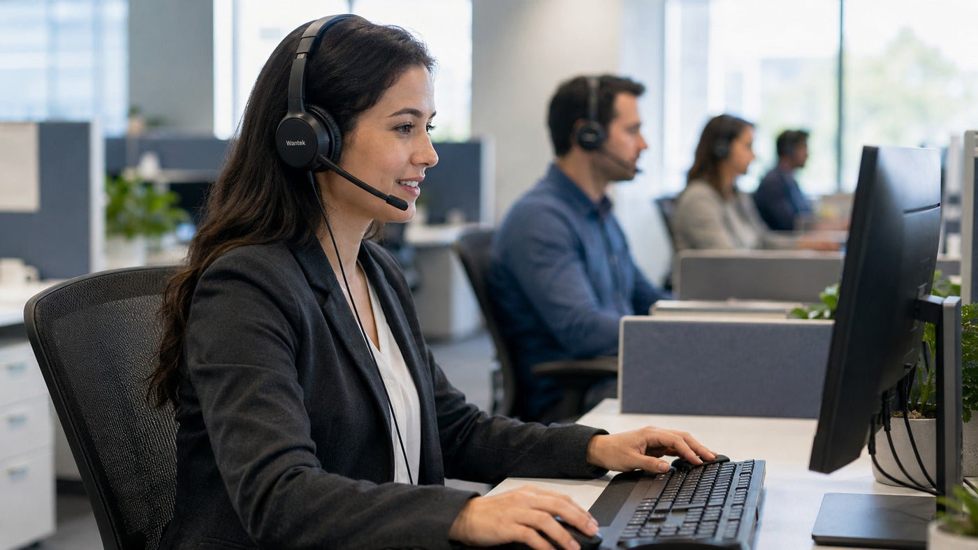 Call center agent using a Wantek business headset at a customer-service workstation