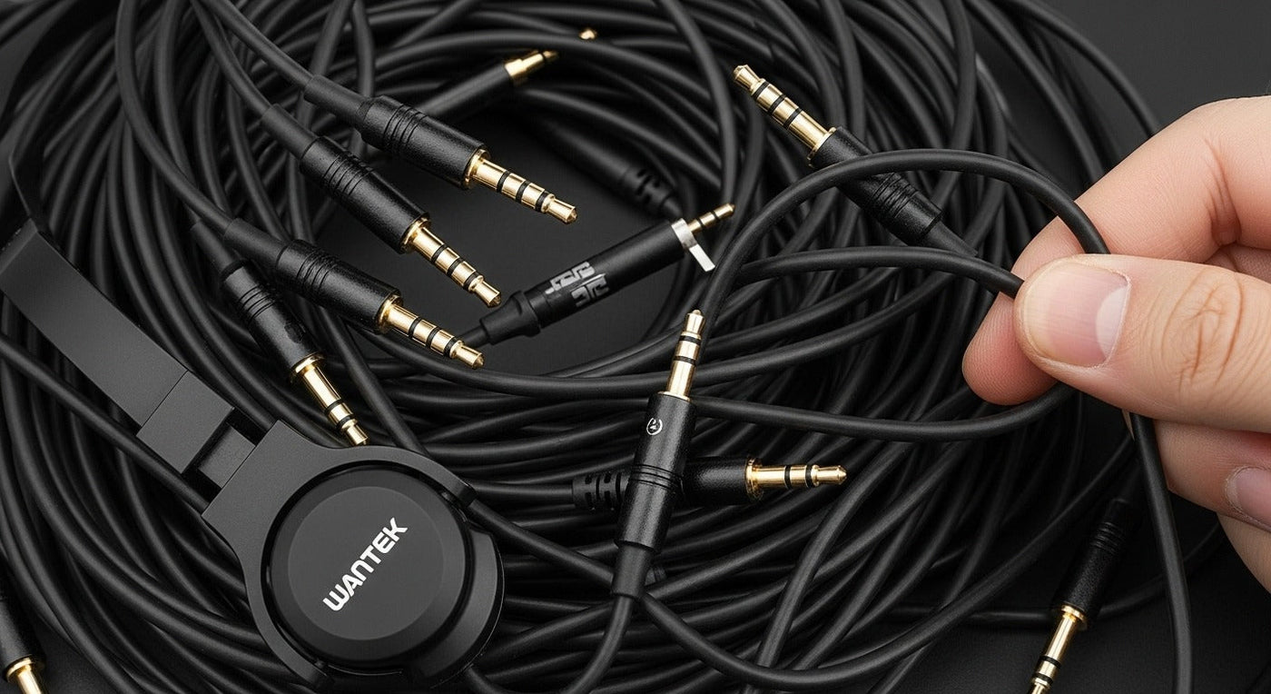 Close-up of tangled black wired headphones and multiple 3.5mm audio jacks with gold connectors, Wantek brand