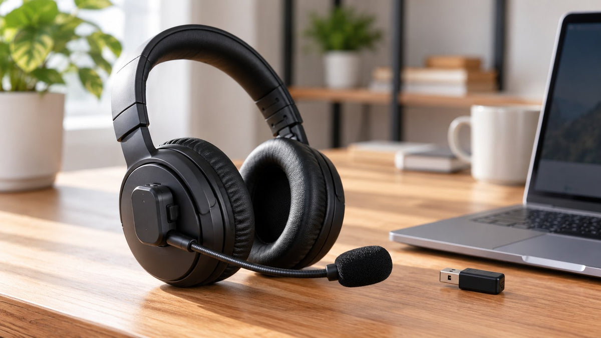 Black over-ear headphones with an attached boom microphone beside a laptop and USB receiver on a desk