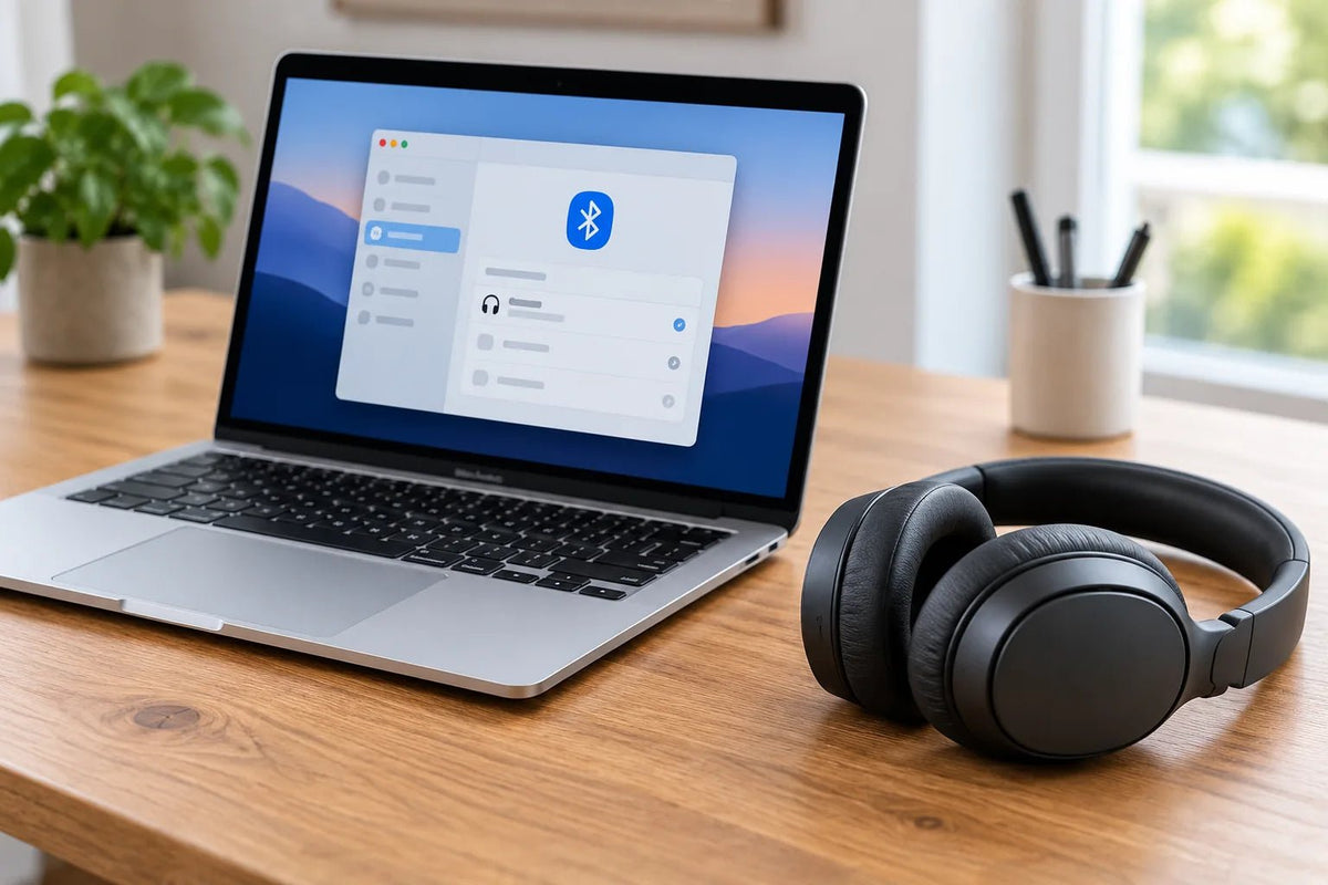 Black over-ear headphones beside a laptop displaying Bluetooth device settings