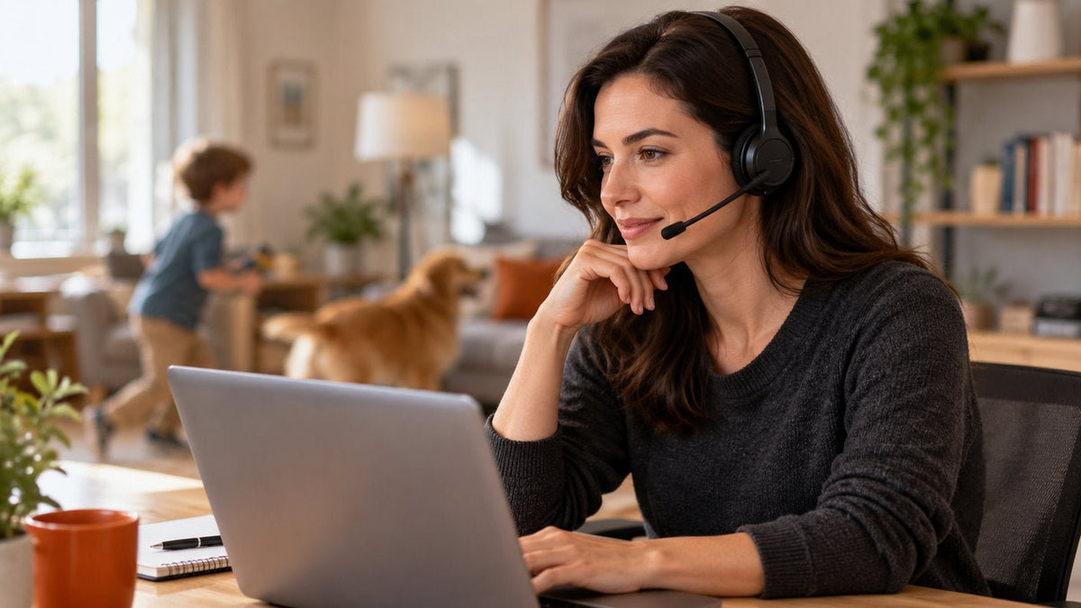 Woman wearing a boom-mic headset at a laptop with a child and dog in the background.