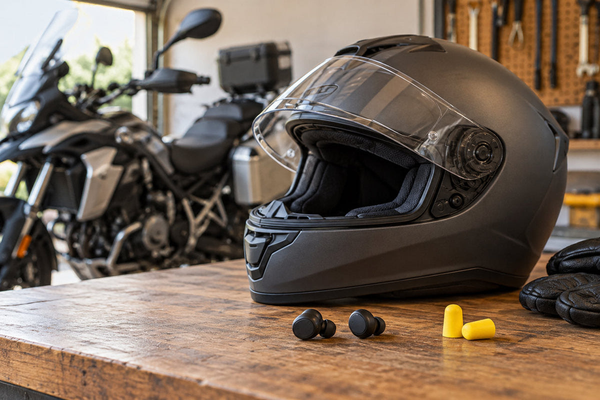 Black full-face motorcycle helmet beside wireless earbuds and yellow foam earplugs on a workbench.