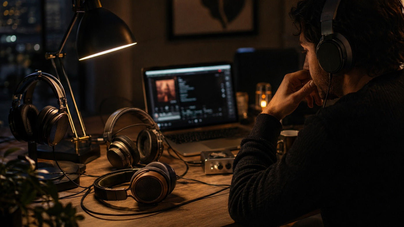 Audiophile headphones listening setup at night with premium gear