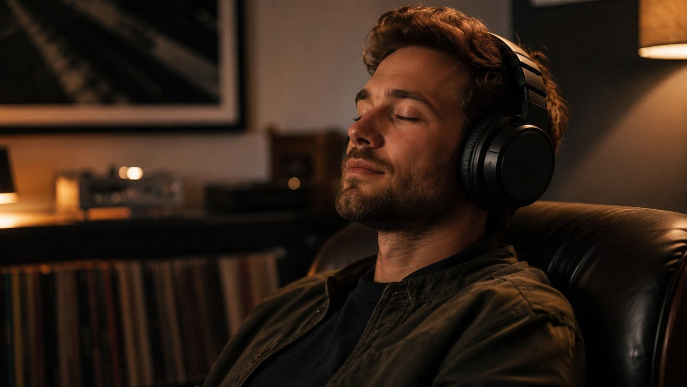 Person listening with bass headphones in a modern audio room