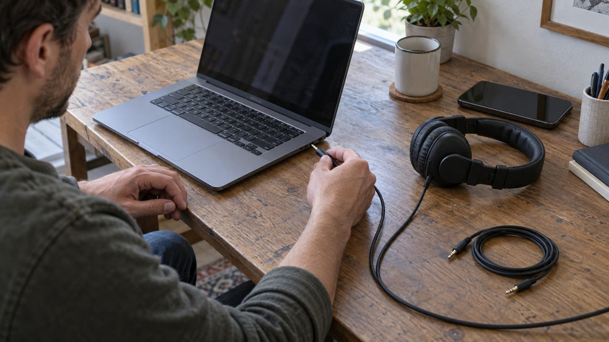 User changing one part of a wired audio signal path while comparing a spare cable and alternate source device.