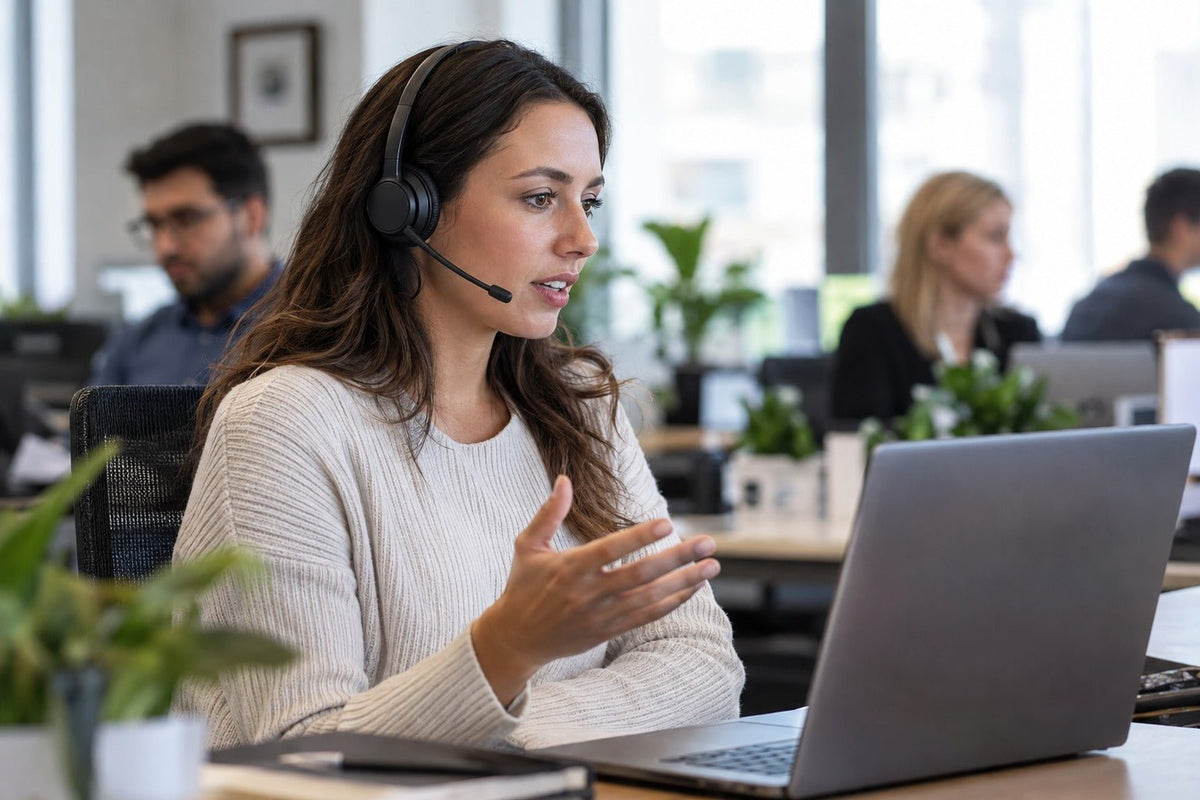 Professional wearing a business headset with boom mic during a call in a busy open office.