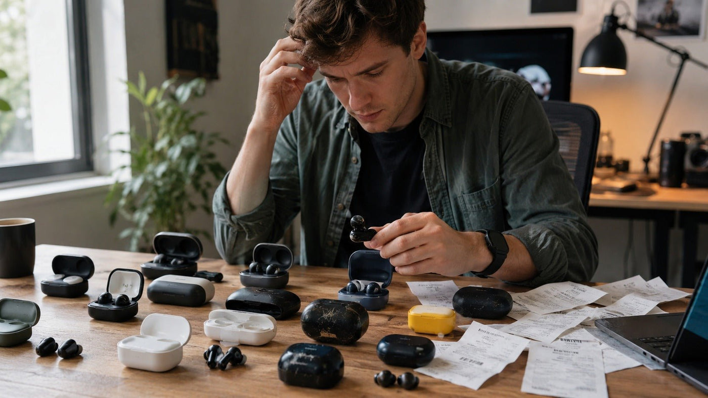 Person testing several budget wireless earbuds under $100 at a desk