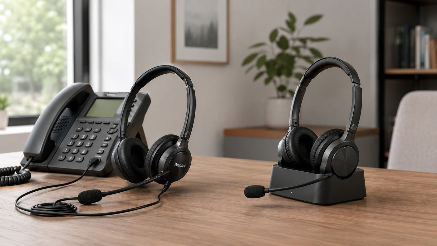 Wired and wireless Wantek home phone headsets beside a desk phone in a modern home office