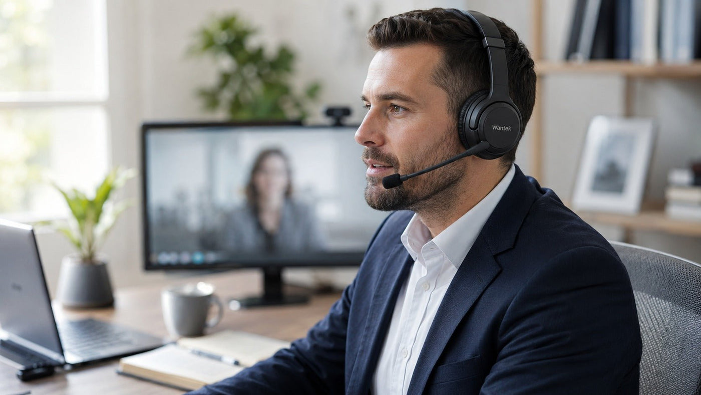 Professional wearing a Wantek headset with mic during a work call at a modern office desk