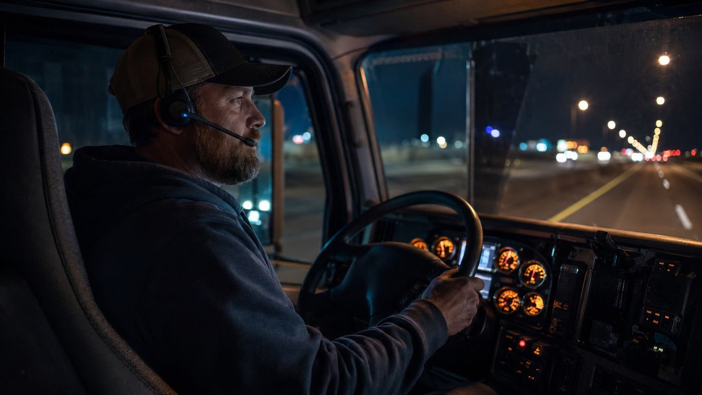 Truck driver wearing a Bluetooth headset with boom mic while driving at night