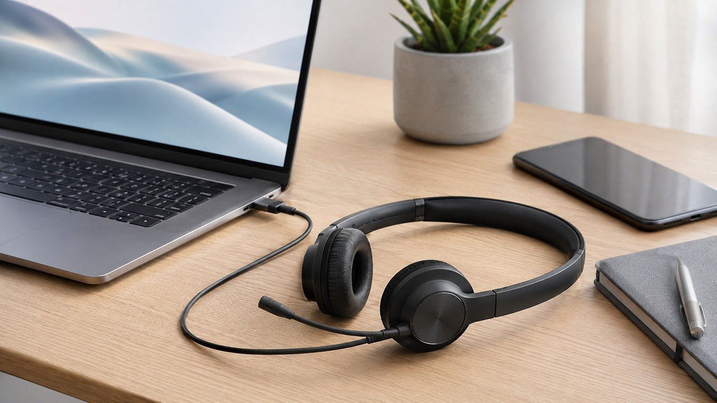USB-C wired headset connected to a modern laptop without a headphone jack