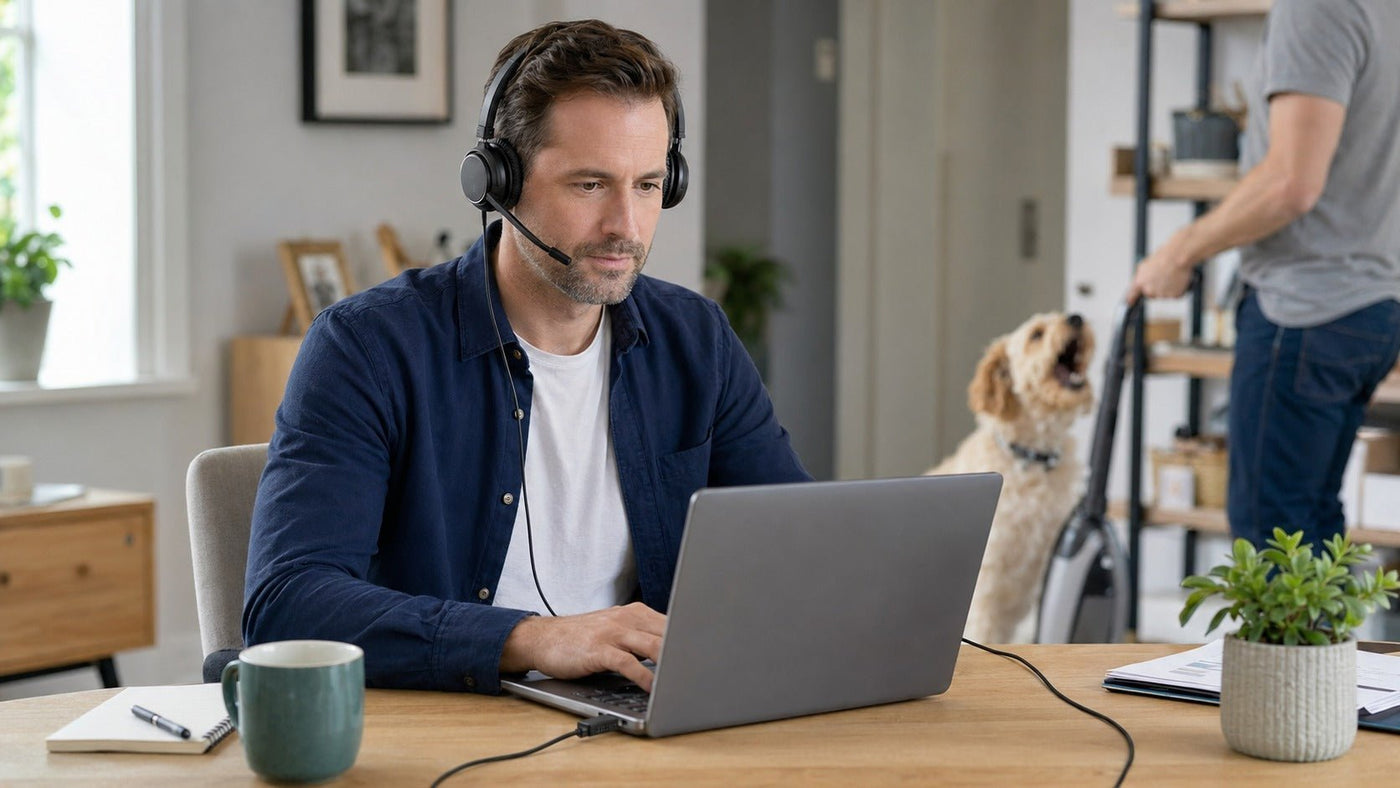 Remote worker using a Wantek H882 wired office headset with microphone
