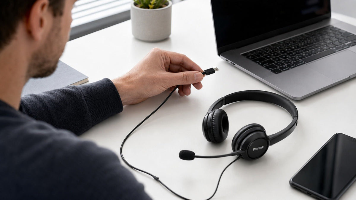 Wantek USB-C headset beside a laptop as a user checks connector and port compatibility