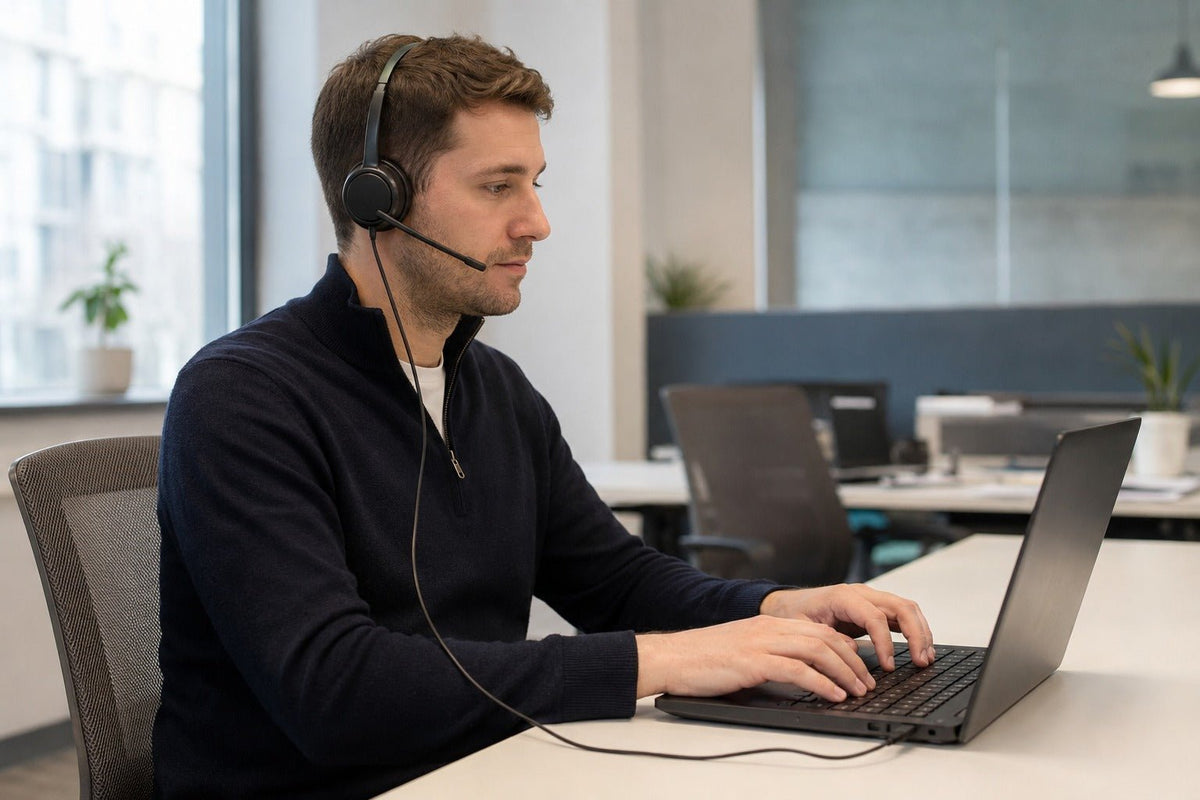 Wired USB headset with boom microphone connected to a laptop during a professional work call