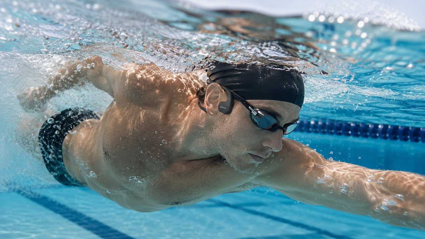 Swimmer wearing Wantek open-ear bone-conduction headphones during indoor lap swimming