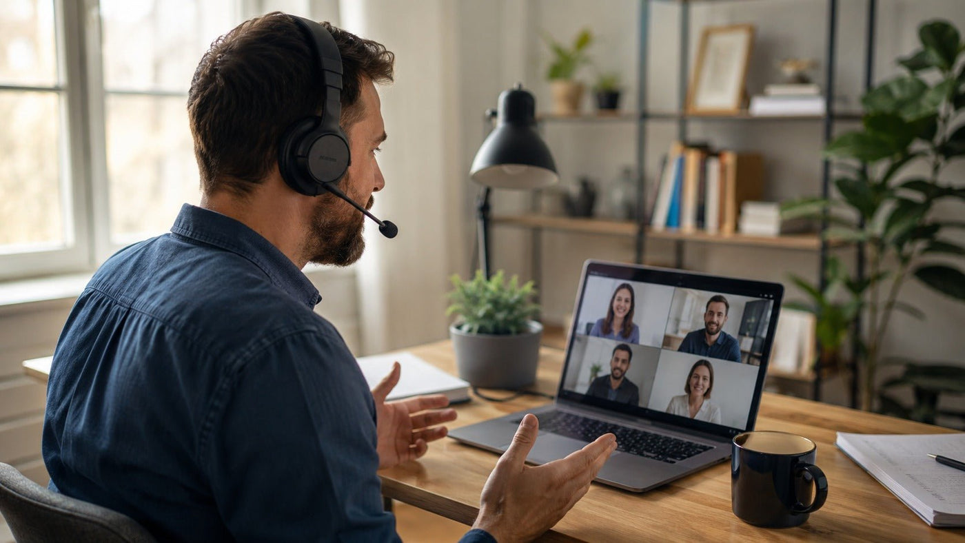 Remote worker wearing headphones with microphone for video call