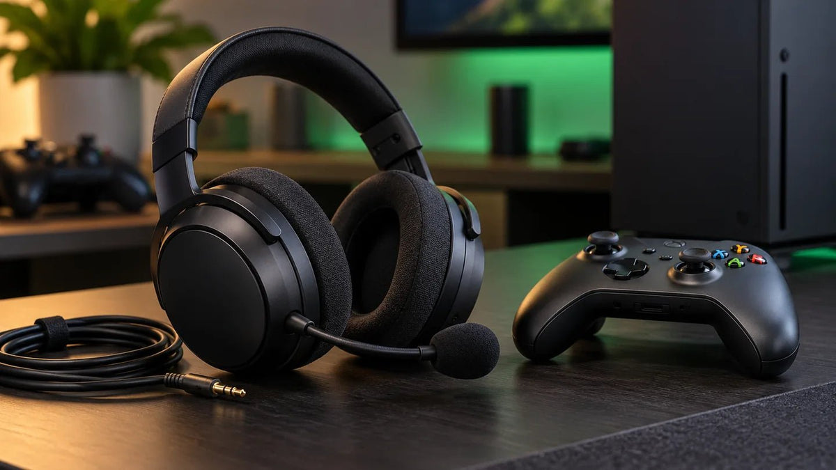 Black gaming headset with boom microphone and 3.5 mm plug beside a game controller.
