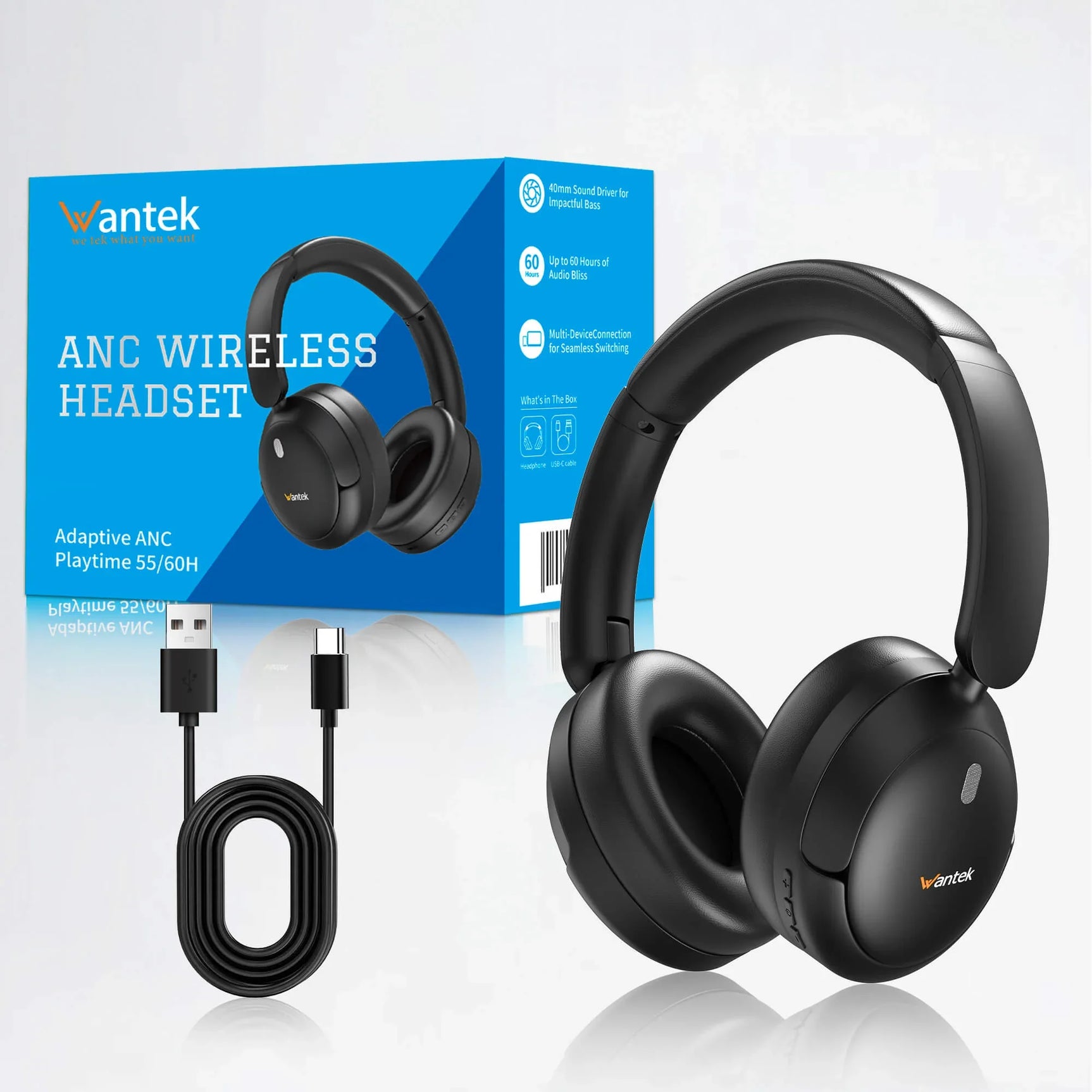 Wantek T3 headphones with USB-C charging and AUX cable