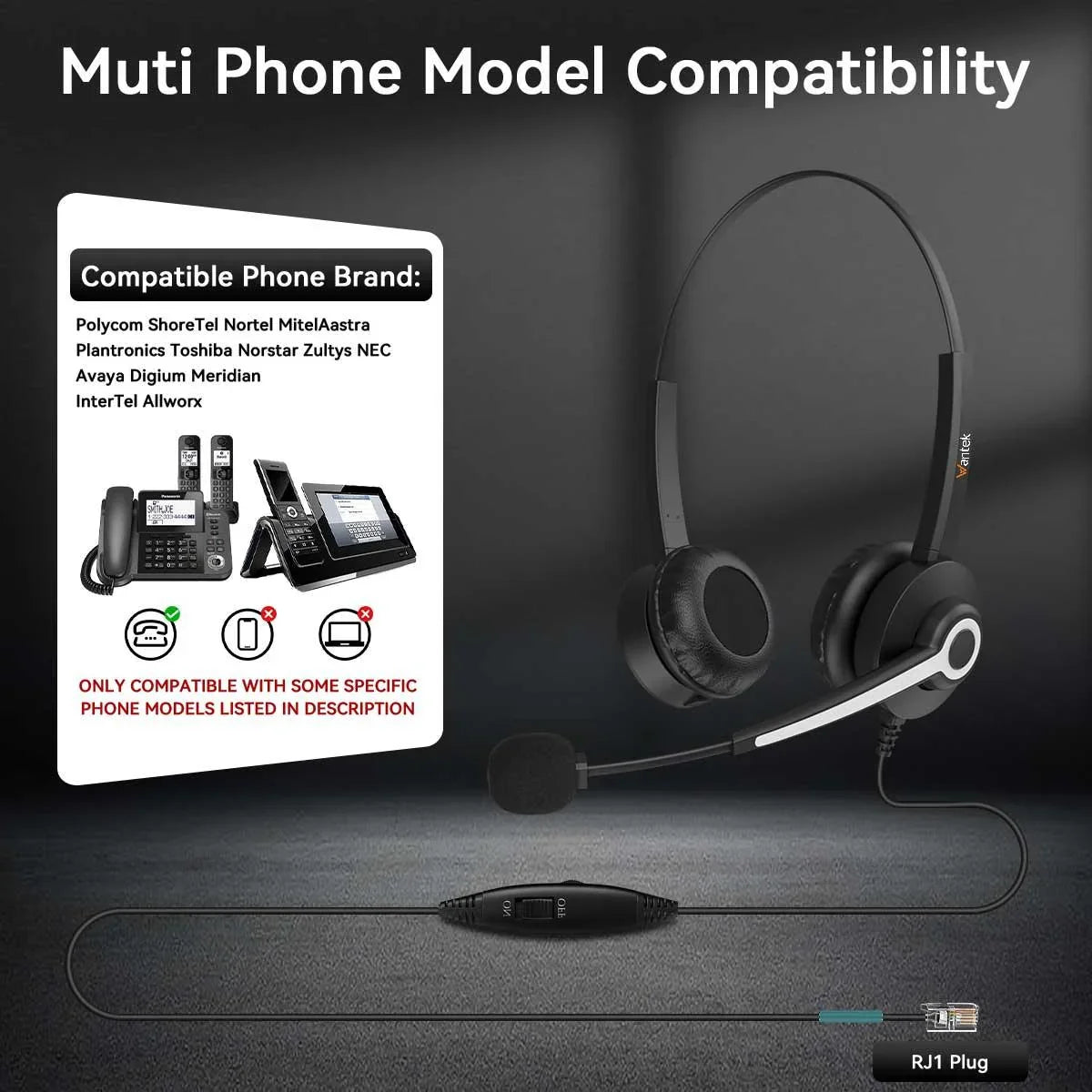 Wantek H682 RJ1 wired headset for compatible office and landline desk phones