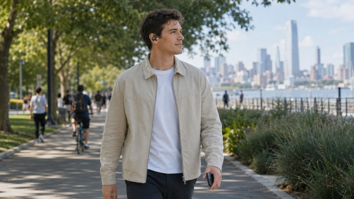 Man wearing Wantek OBT030 open-ear clip-on earbuds while walking through a city park