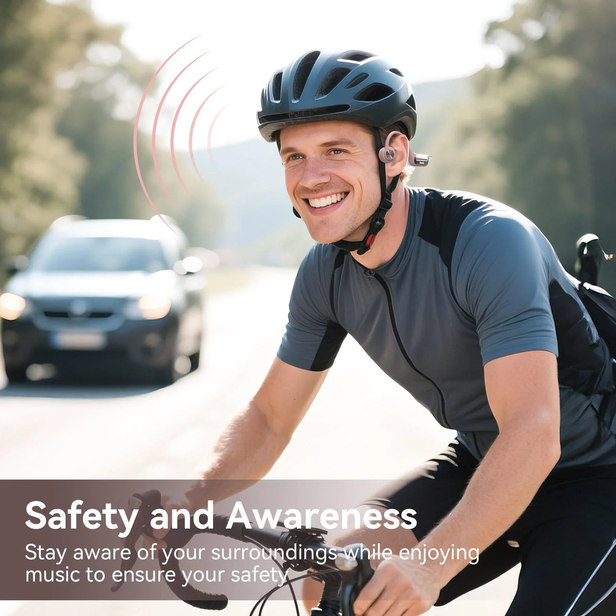 Cyclist wearing Kimhost BC3PRO open-ear bluetooth earphones – hear traffic while listening to music