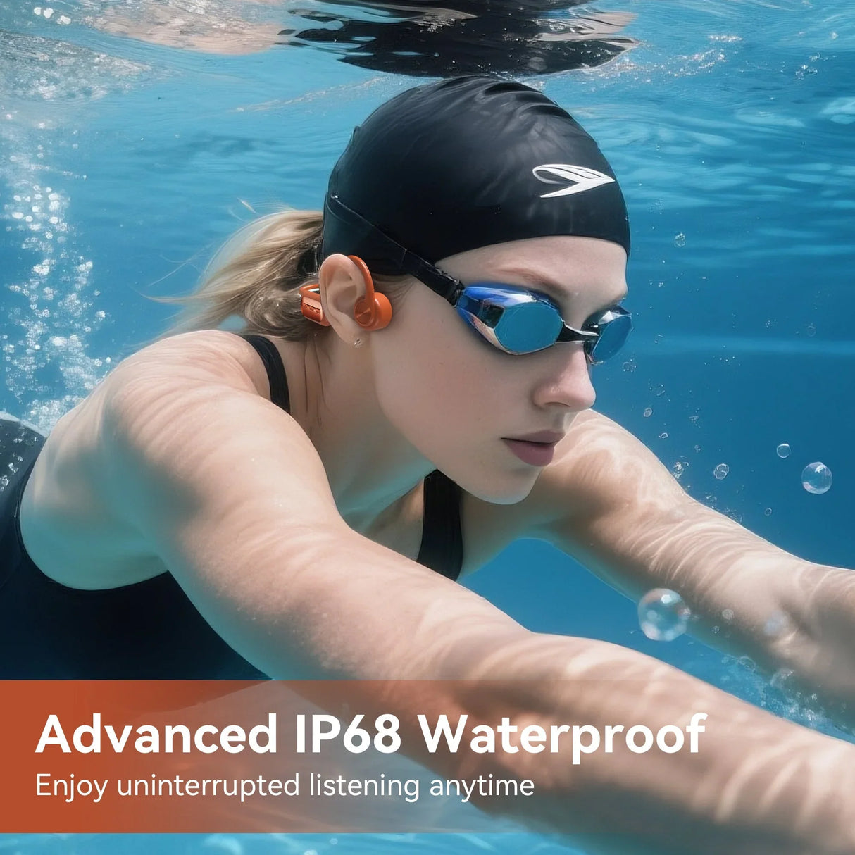 Swimmer using Kimhost BC3PRO waterproof bone conduction earphone – IP68 rated for pool and open water