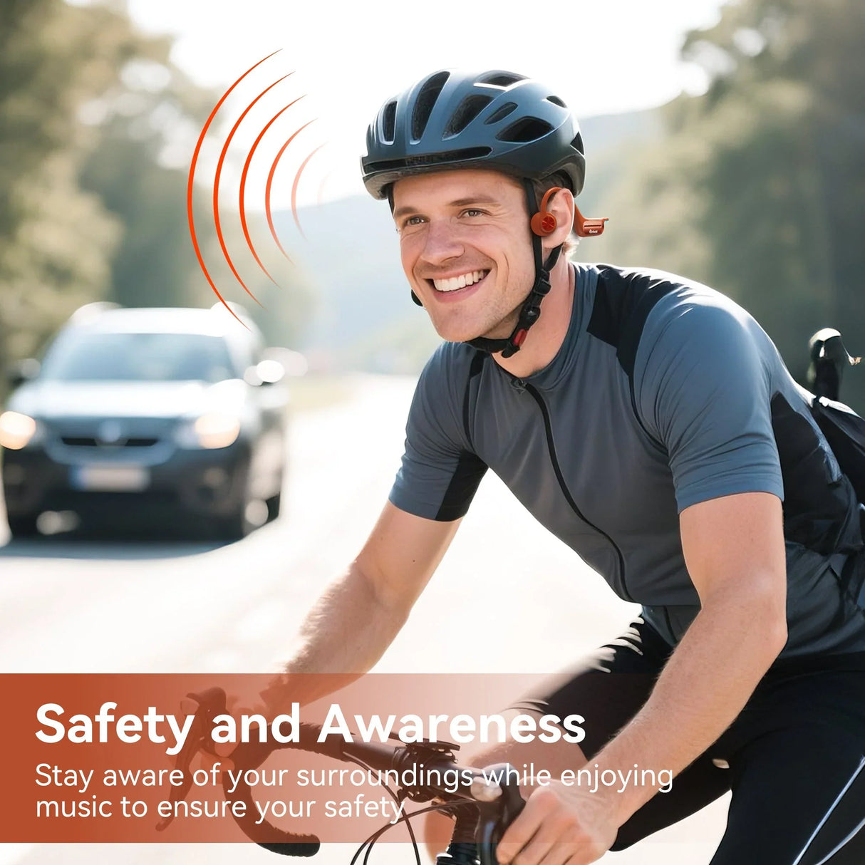 Cyclist wearing Kimhost BC3PRO open-ear bluetooth earphones – hear traffic while listening to music