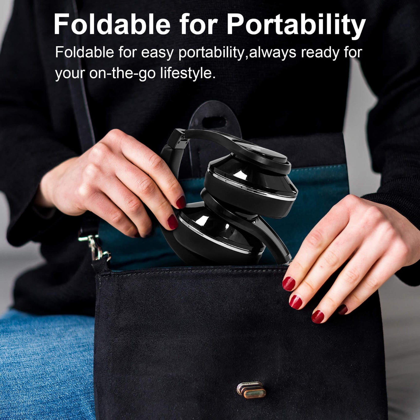 Voistek TH20S black foldable wireless headphones being placed in a handbag
