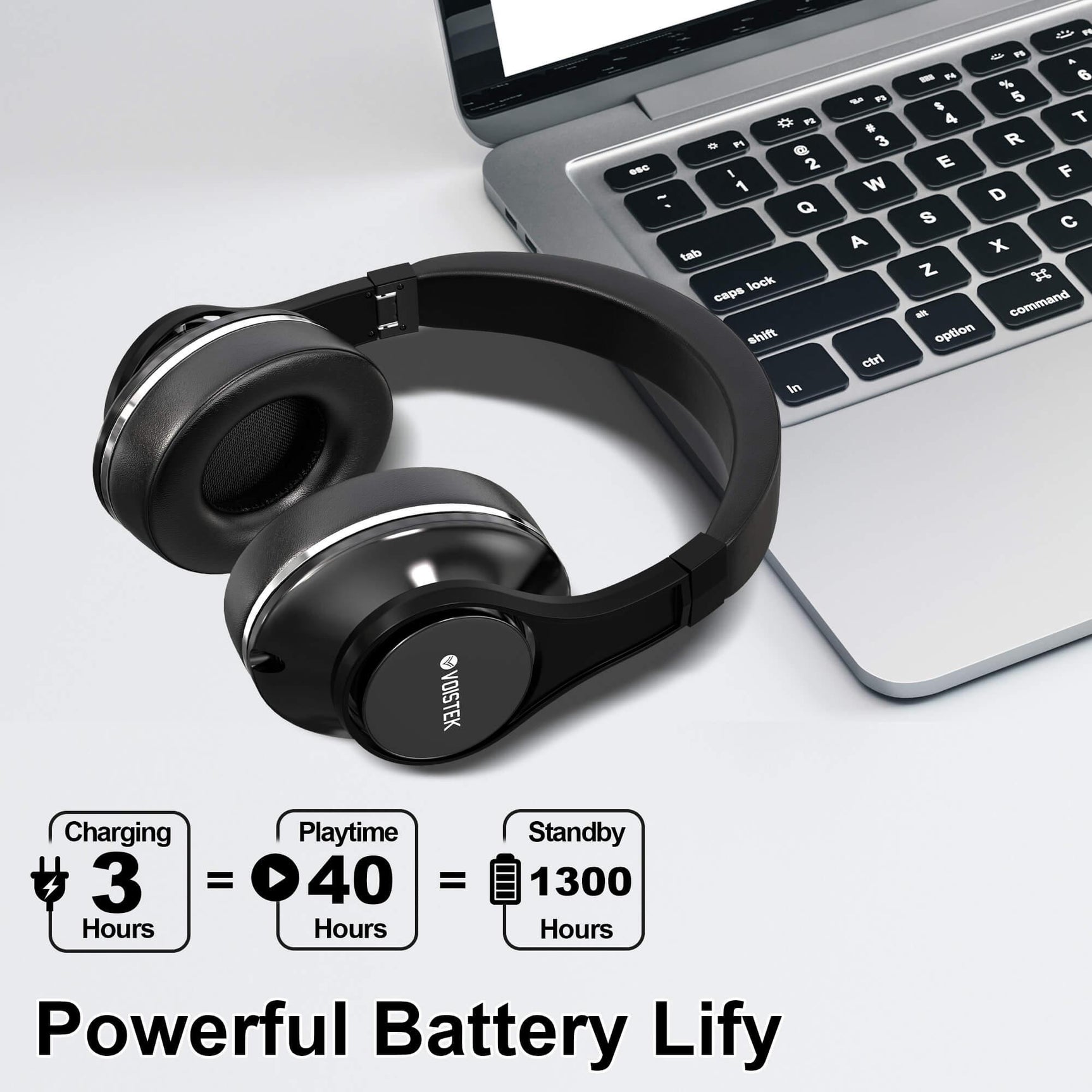 Voistek TH20S black wireless headphones beside a laptop with battery-life feature graphic