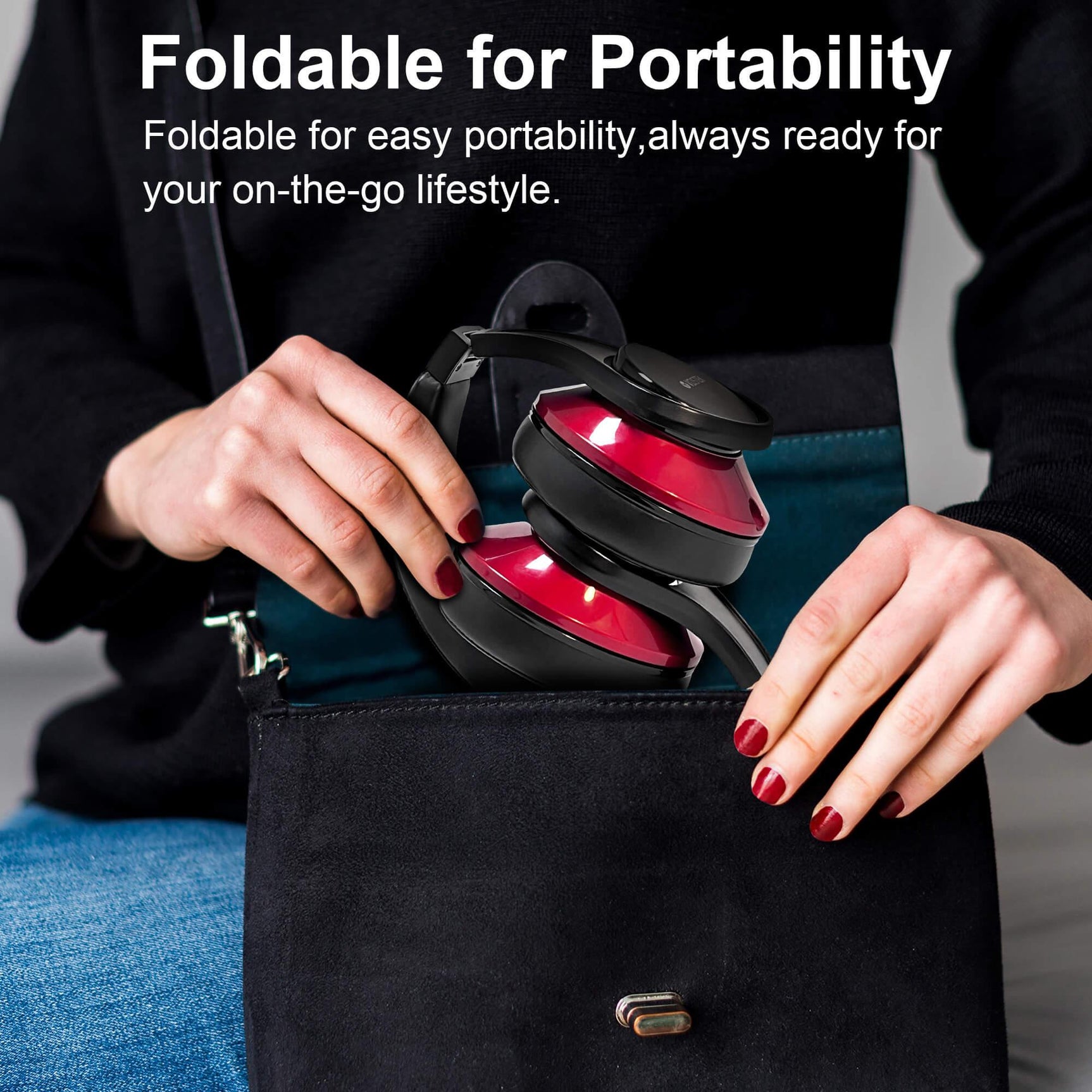 Voistek TH20S red foldable wireless headphones being placed in a handbag
