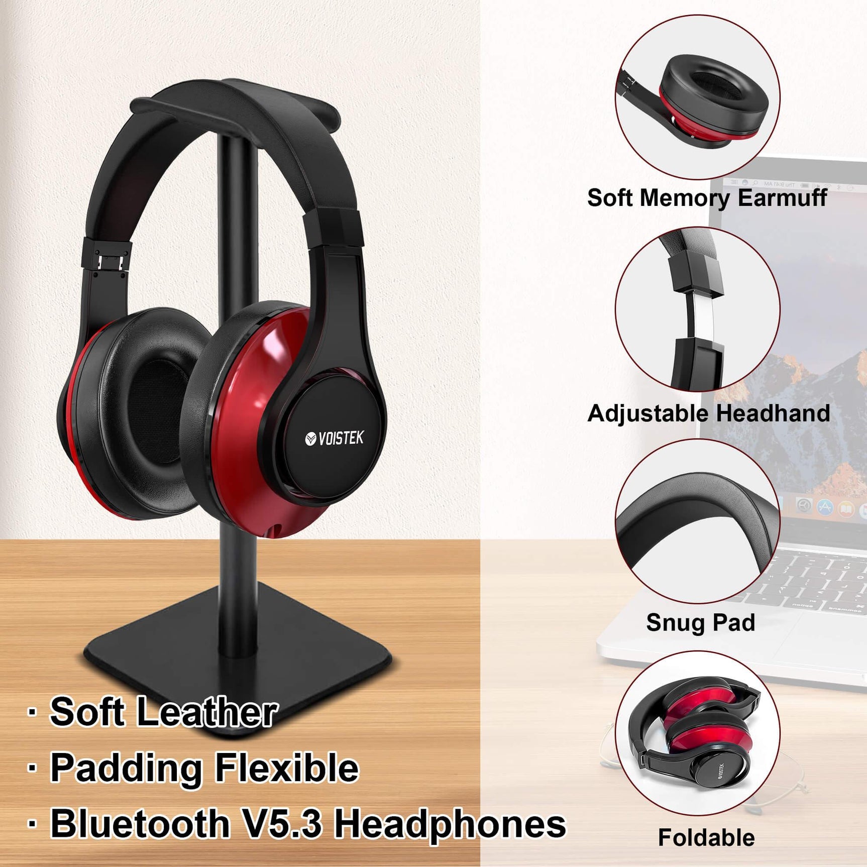 Voistek TH20S red wireless headphones with adjustable headband, cushioned earcups and foldable design