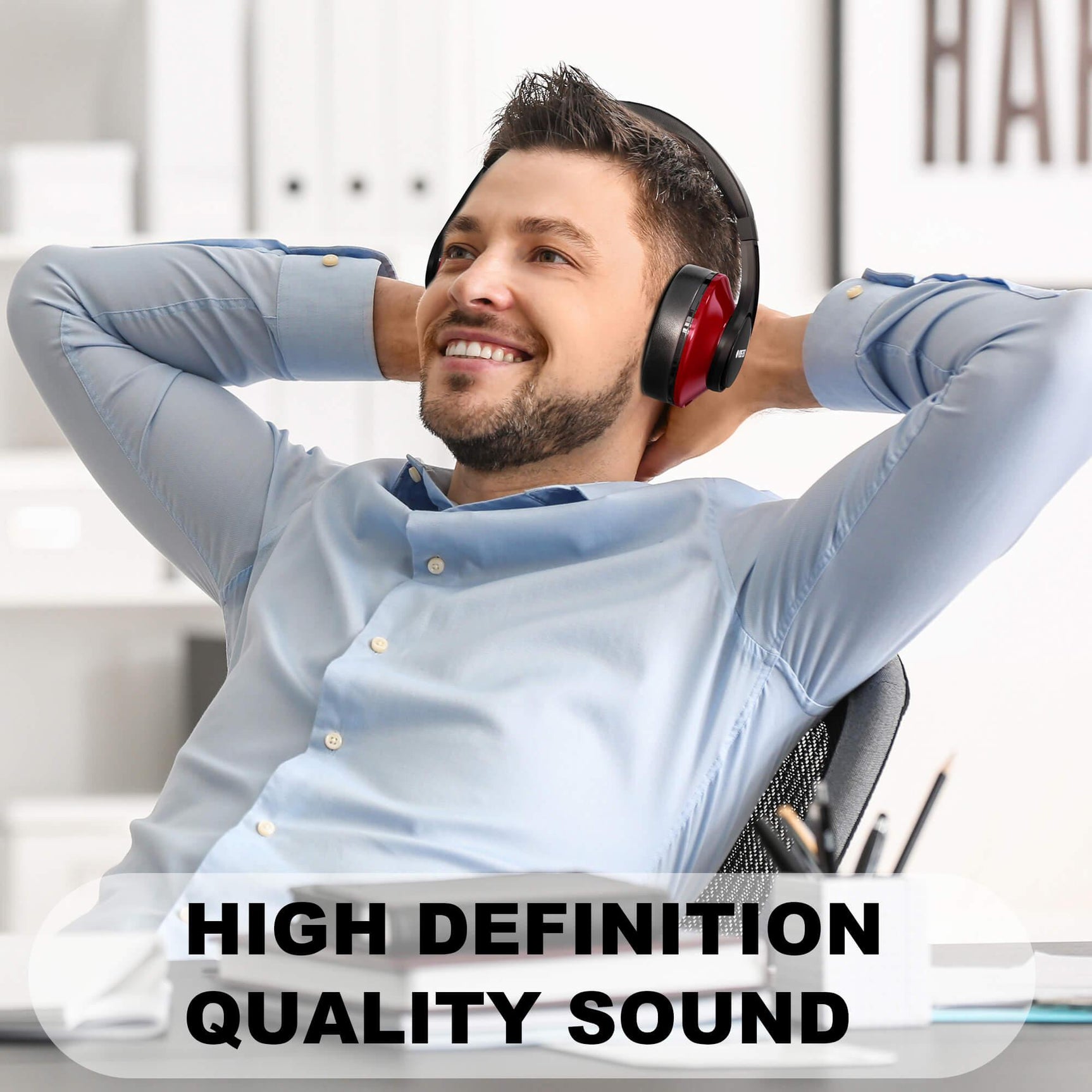 Man wearing Voistek TH20S red wireless headphones for music listening