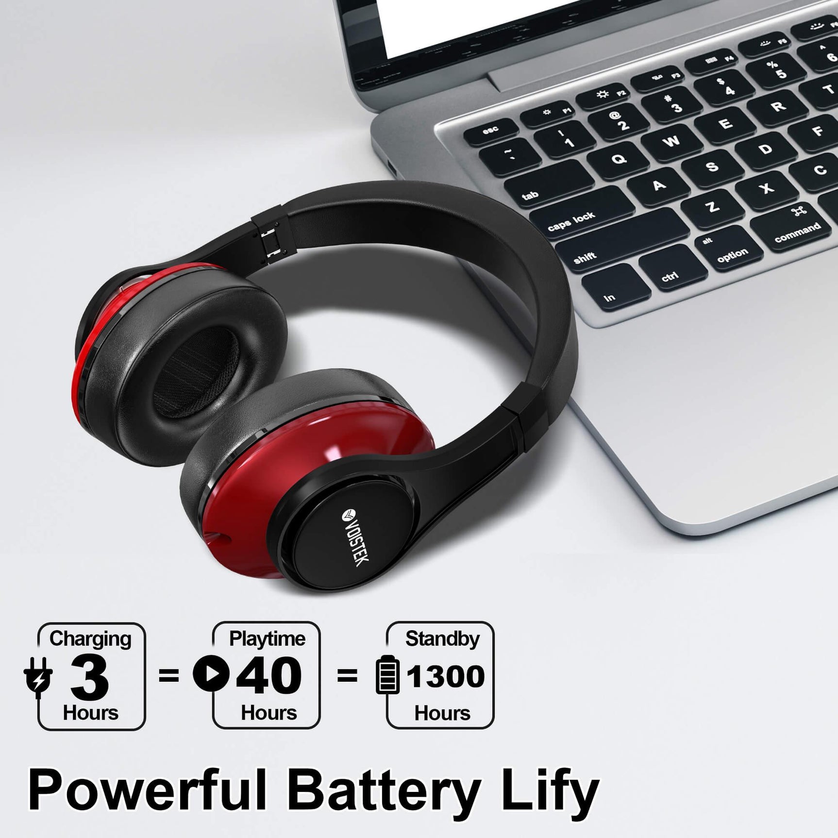 Voistek TH20S red wireless headphones beside a laptop with battery-life feature graphic