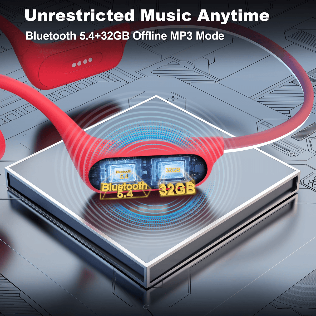 Wantek Bone Conduction Swim Headphones, Open Ear Wireless Bluetooth Headsets with 32GB MP3 Player, IP68 Headphones with Bluetooth 5.3 for Run, Hike - Red