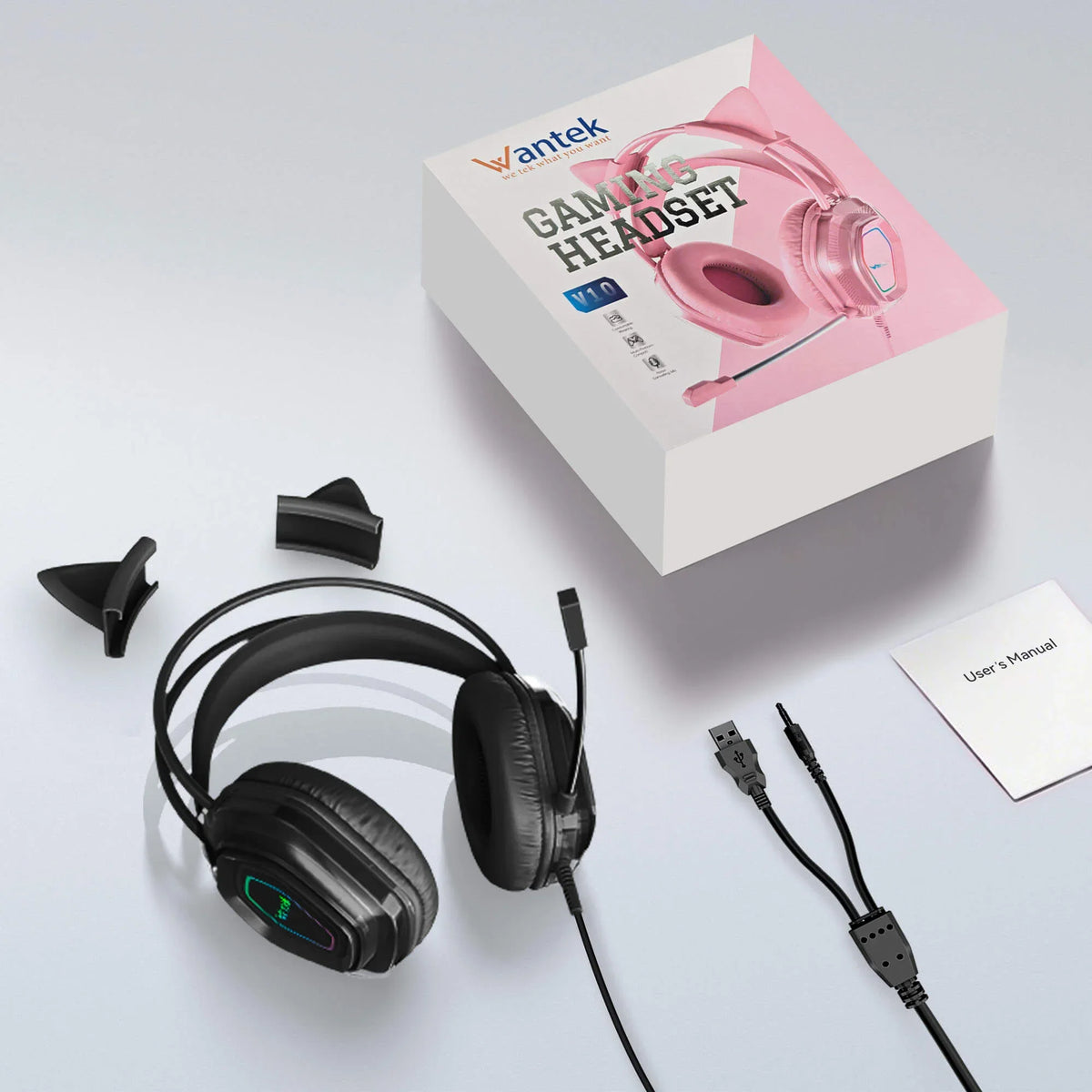 Wantek V10 black wired cat ear gaming headset with LED earcups