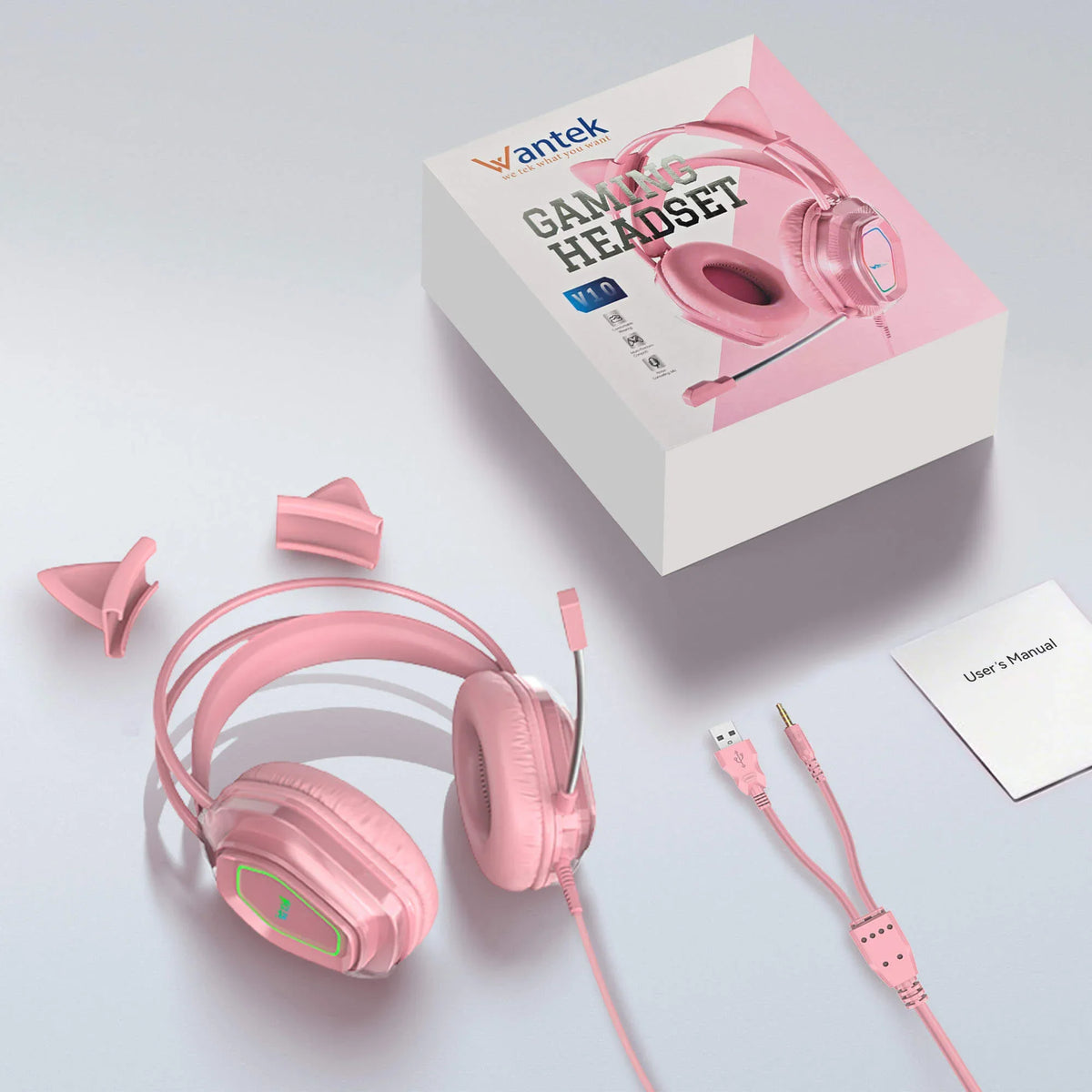 Wantek V10 pink wired cat ear gaming headset with LED earcups